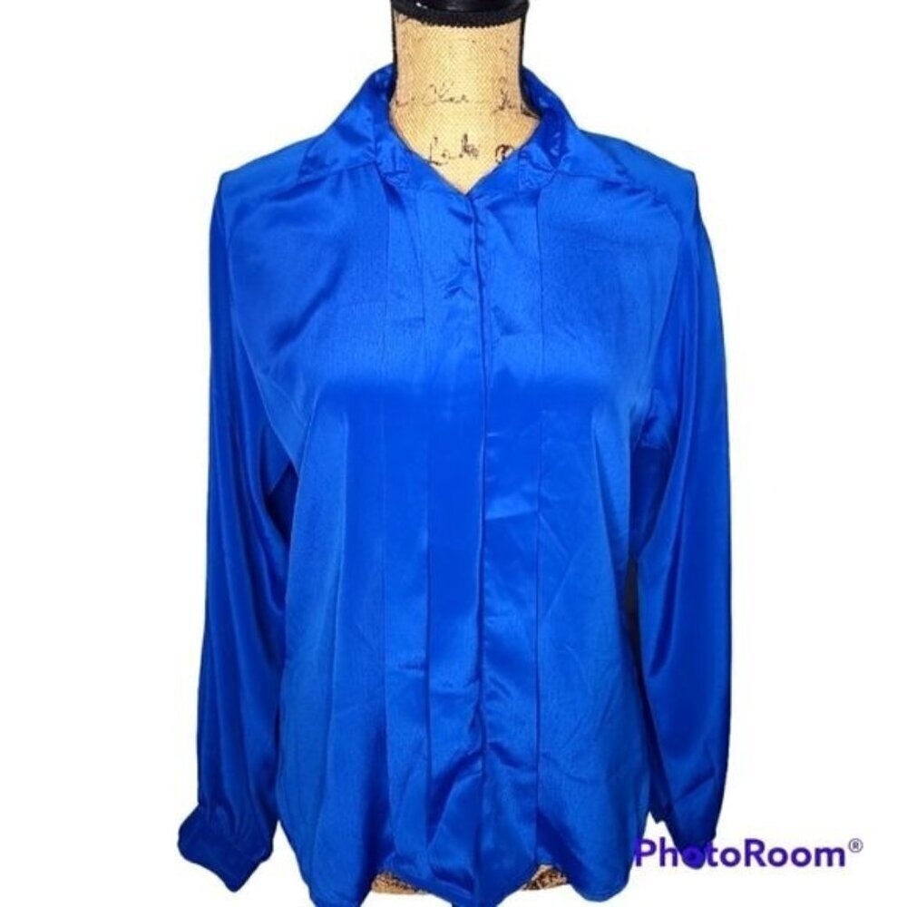 Vintage 80s Bright Blue Pleated Long Sleeve Button Up Shirt